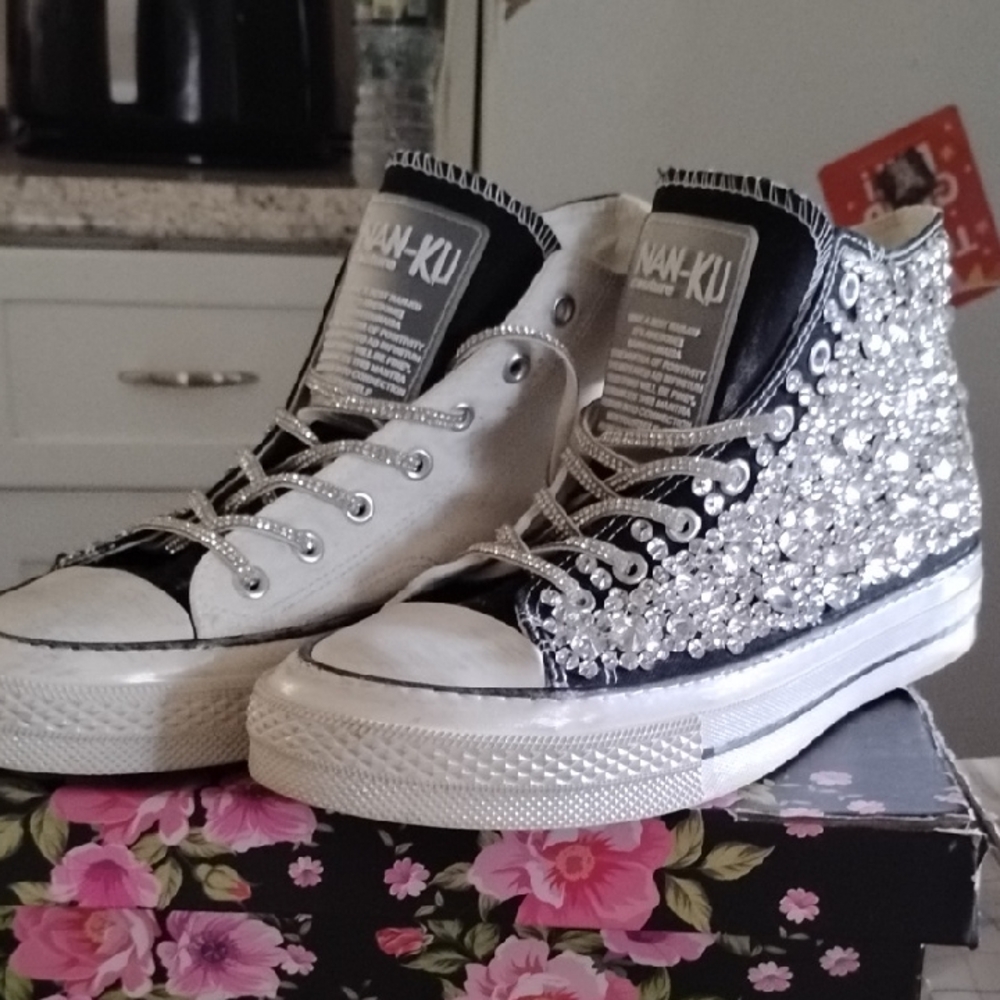 Black and White High-Top Sneakers with Rhinestones